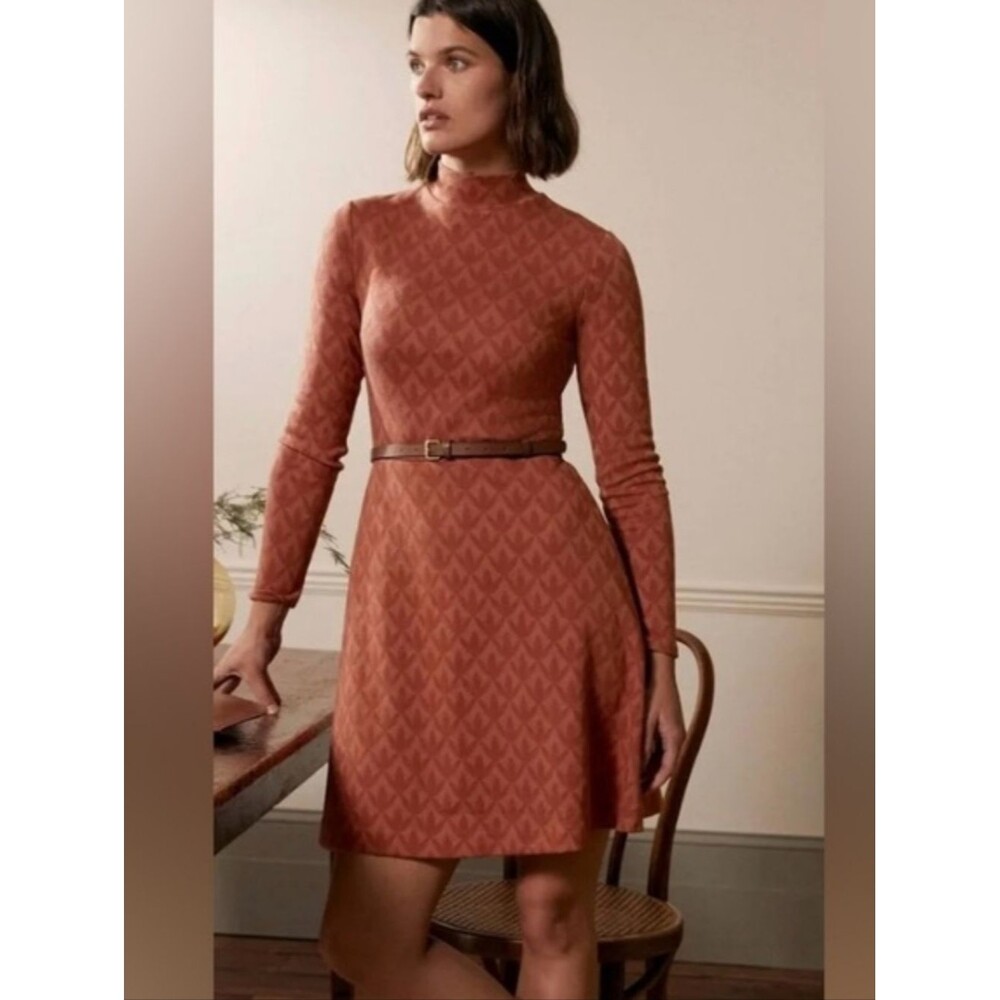 Boden High Neck Jacquard Dress Orange Rust Floral Size 4 Mock Neck Mini Dress